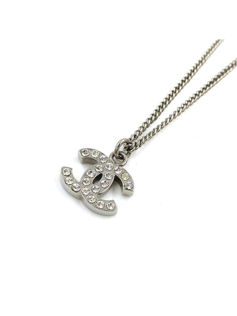 Chanel CC Logo Rhinestone Metal Color Stone Clear Silver Necklace